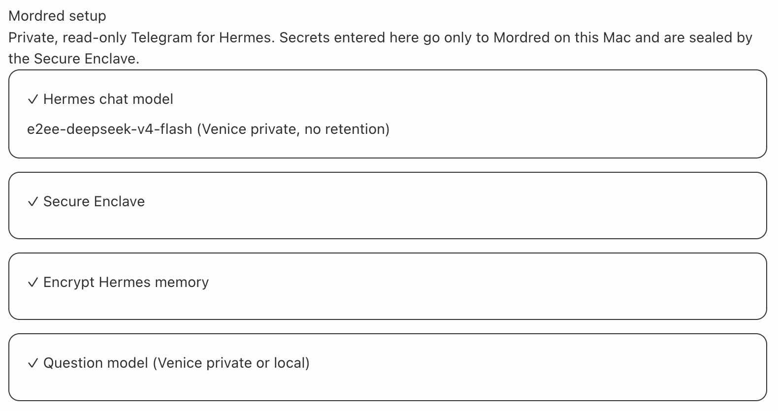 The Mordred page in Hermes Desktop with a Venice private chat model, the Secure Enclave, Hermes memory encryption, and a Venice private or local question model all checked.