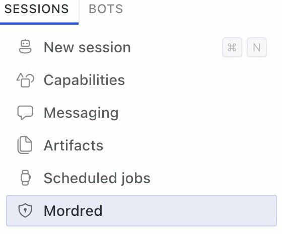 The Hermes Desktop sidebar with Mordred listed below New session, Capabilities, Messaging, Artifacts and Scheduled jobs.