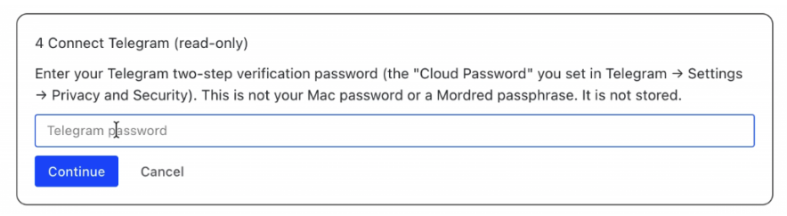 Mordred asking for the Telegram two-step verification password, with an empty password field and Continue button.